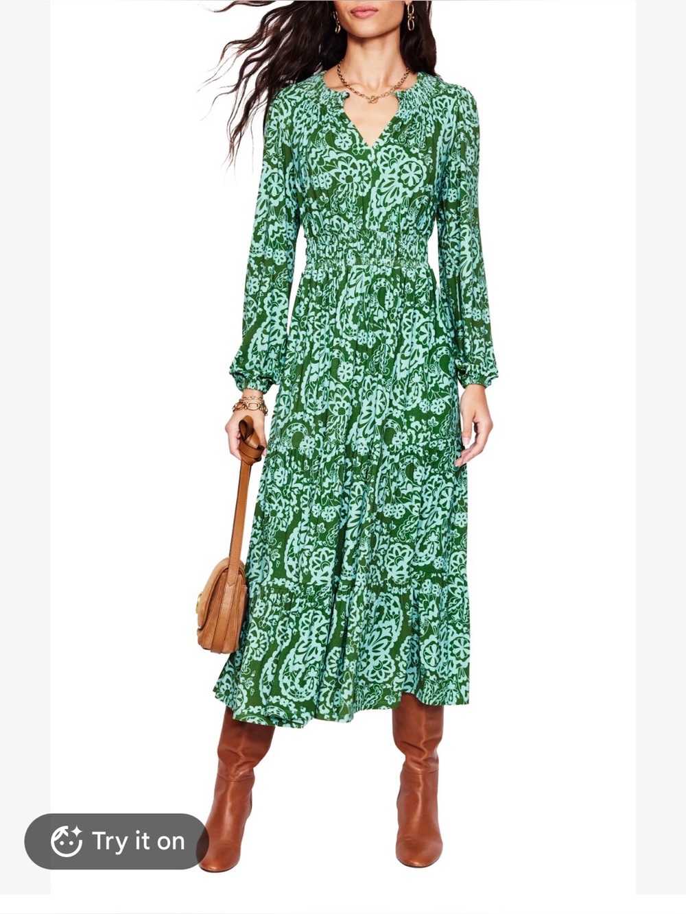 Boden Paisley Long Sleeve Smock Waist Midi Dress US 2p